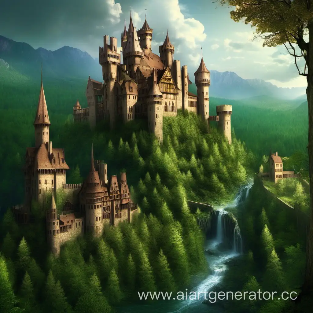 Enchanted-Medieval-Castle-Amidst-Towering-Forest-and-Buildings