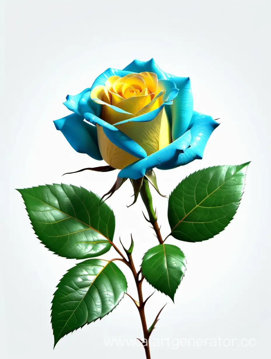 realistic sky blue yellow Rose 8k hd with fresh lush 2 green leaves on white background