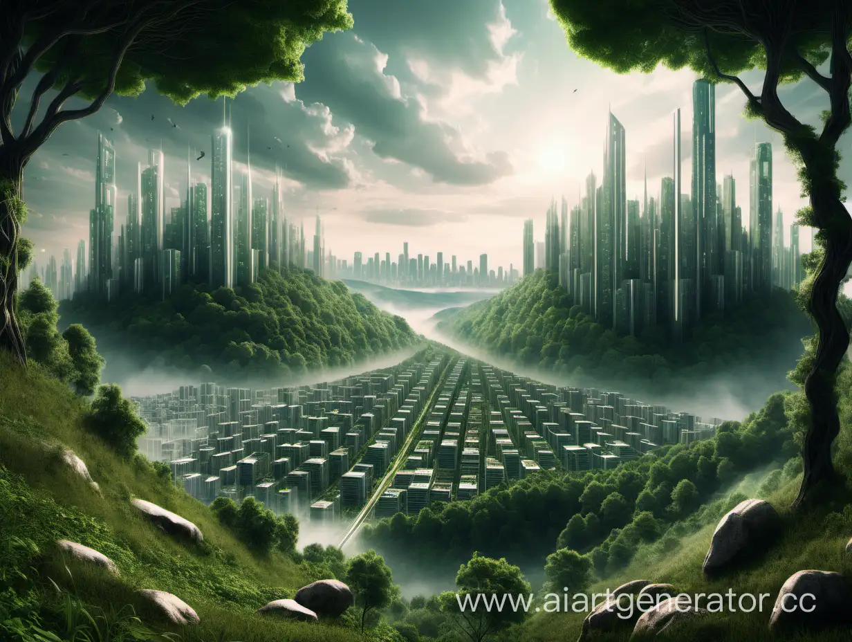 view from a hillside escaping a forest and into a neofuture city landscape