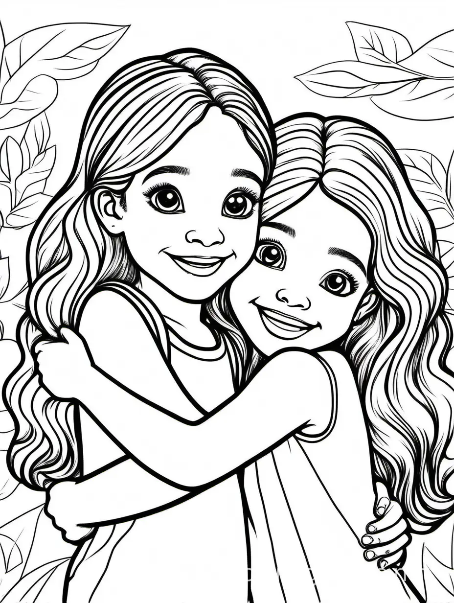 black kids hugging and smiling girls, Coloring Page, black and white, line art, white background, Simplicity, Ample White Space. The background of the coloring page is plain white to make it easy for young children to color within the lines. The outlines of all the subjects are easy to distinguish, making it simple for kids to color without too much difficulty