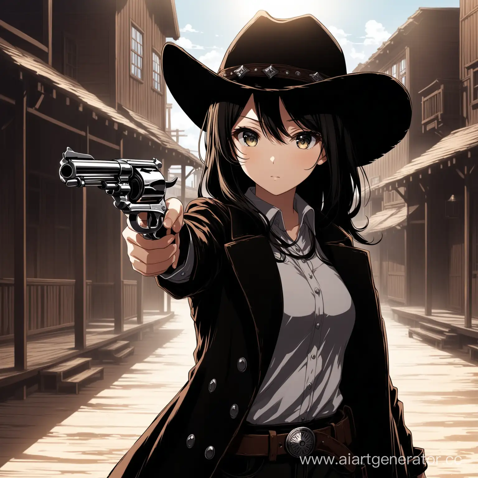 anime girl see in the frame, detail eyes, detail clothes, a cowboy hat and revolver in her hand, a black coat. detail light and shadows, western town location