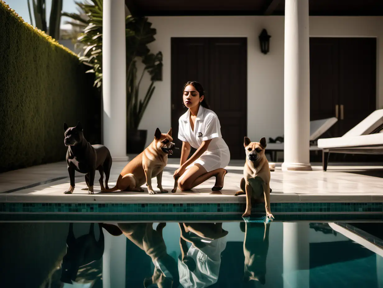  A young tired female Mexican caretaker is taking care of the dogs by the pool in luxury Hollywood mansion.