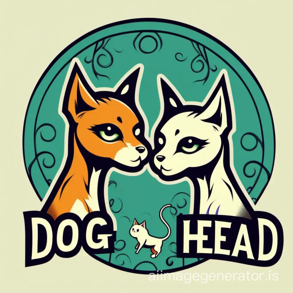 cartoon-style logo, on the left the profile of the dog's head on the right the profile of the cat's head is connected by the profile of a long symmetrical trunk with 4 legs, the heads are directed in different directions, the connection is smooth without breaks, a single image of a two-headed creature