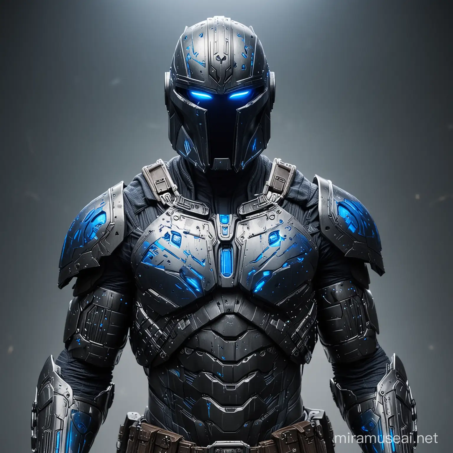 A dark silver knight, fully covered in steel armor with wakandan style markings, many blue lights outlining the armor, glowing blue mandalorian style eyes