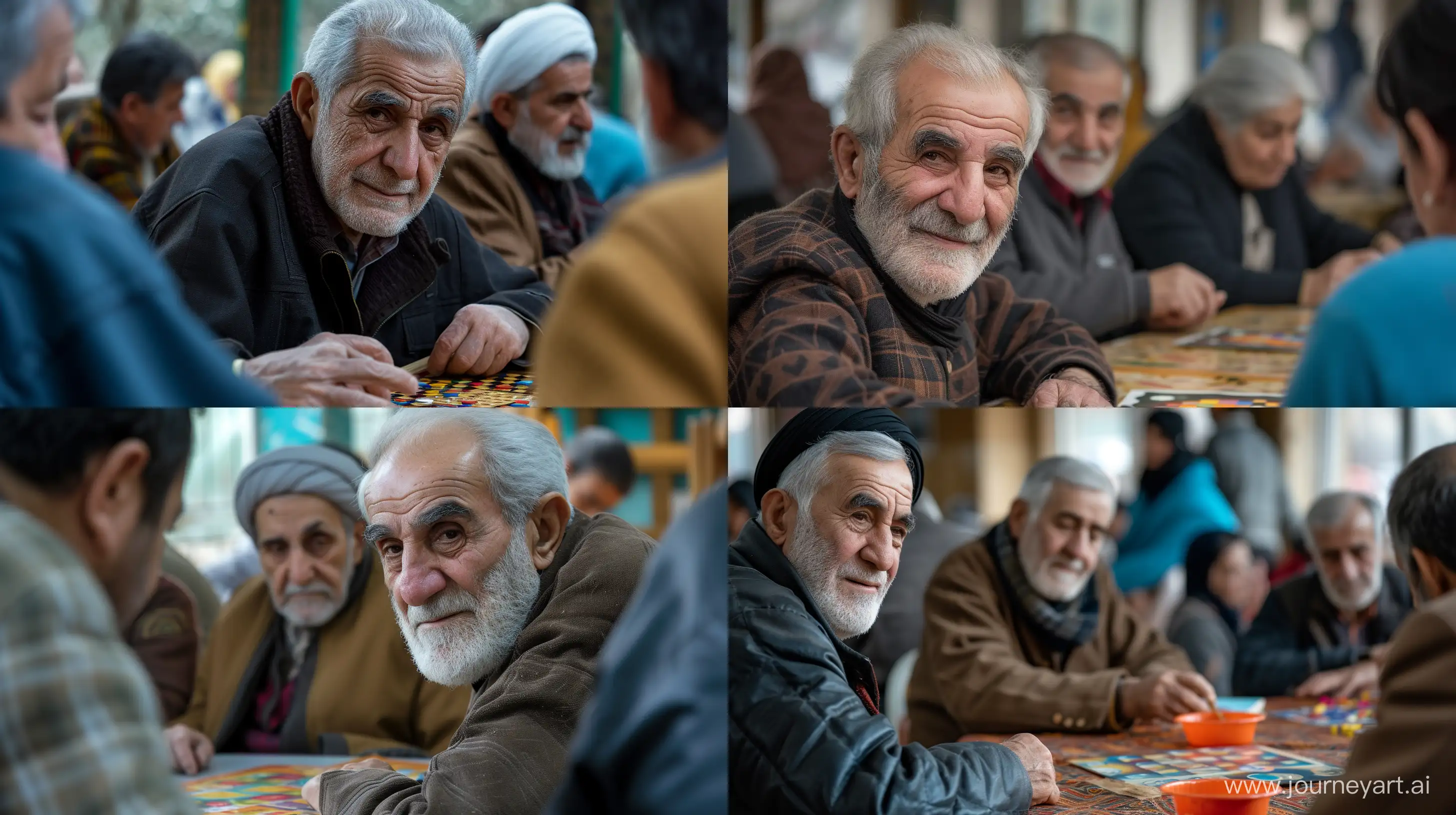 Prompt 1:
/imagine prompt: The Tabriz social security insurance retirement center, a close-up scene in the lively communal area where retirees gather, each individual's face reflecting years of wisdom and unique life experiences as they engage in heartfelt conversations, play board games, and share laughter, the details capturing the diverse expressions and emotions of the elderly community, Photography, utilizing a 85mm portrait lens at f/1.4, emphasizing depth of field and nuanced facial features, --ar 16:9