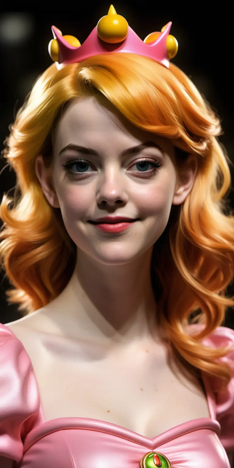 A photo realistic picture of Princess Peach circa Nintendo 64, played by Emma Stone,