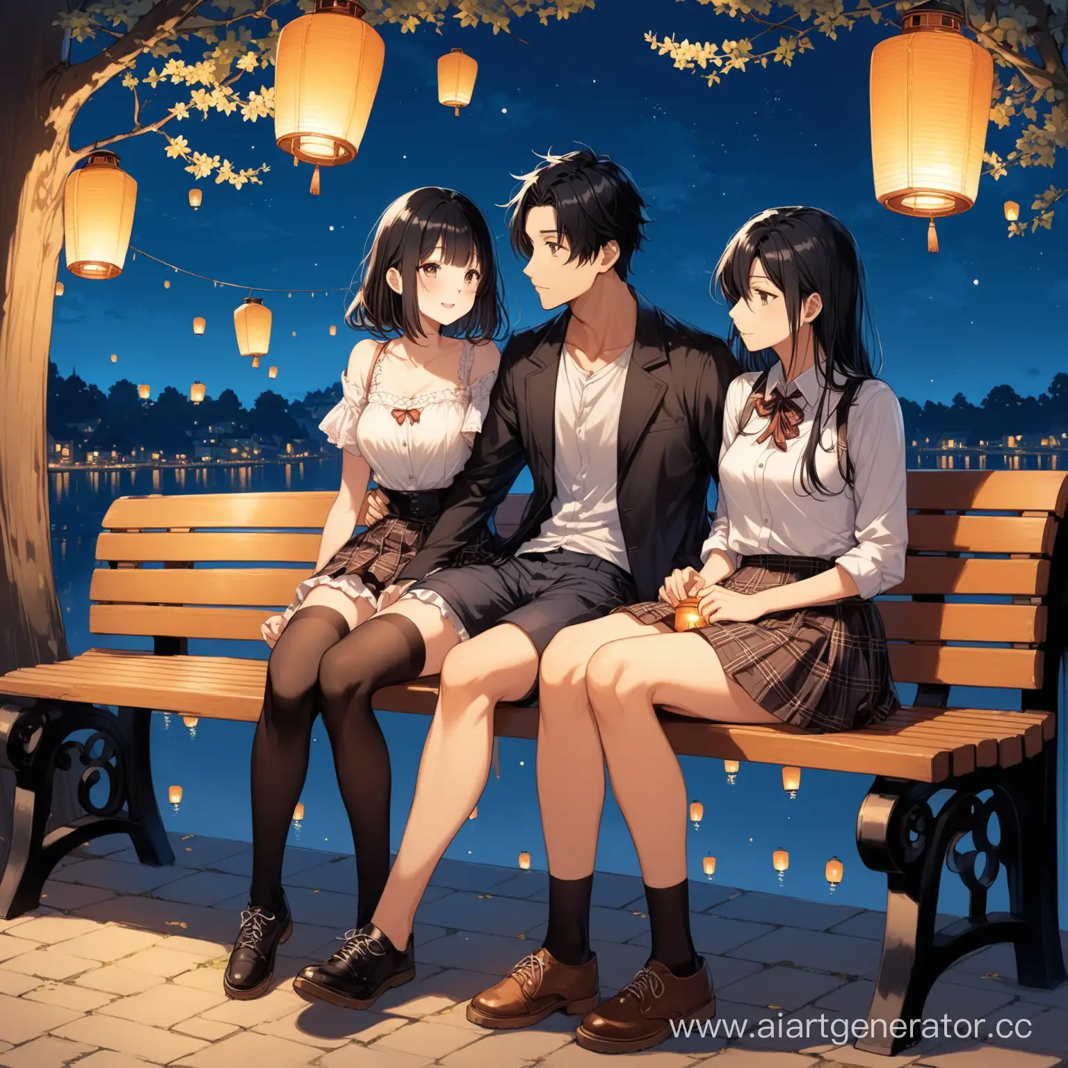 a couple is sitting on a bench, a girl has black hair, a guy is wearing shorts, a girl is wearing a skirt and stockings above them is a lantern
