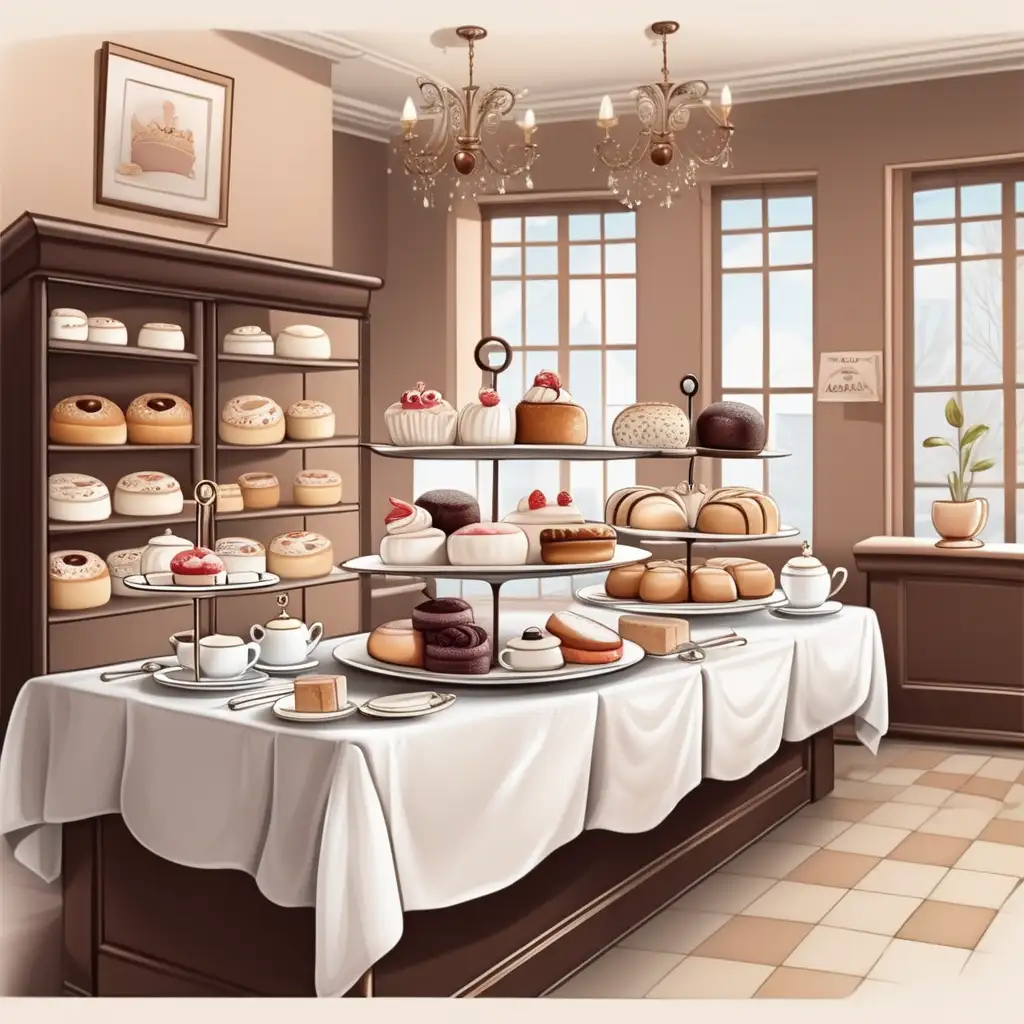 Charming English Afternoon Tea Bakery Cartoon Scene