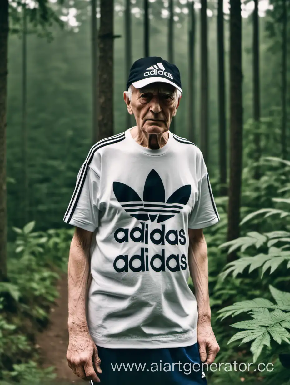 Elderly-Man-in-Adidas-Sportswear-Gazes-Against-Forest-Backdrop