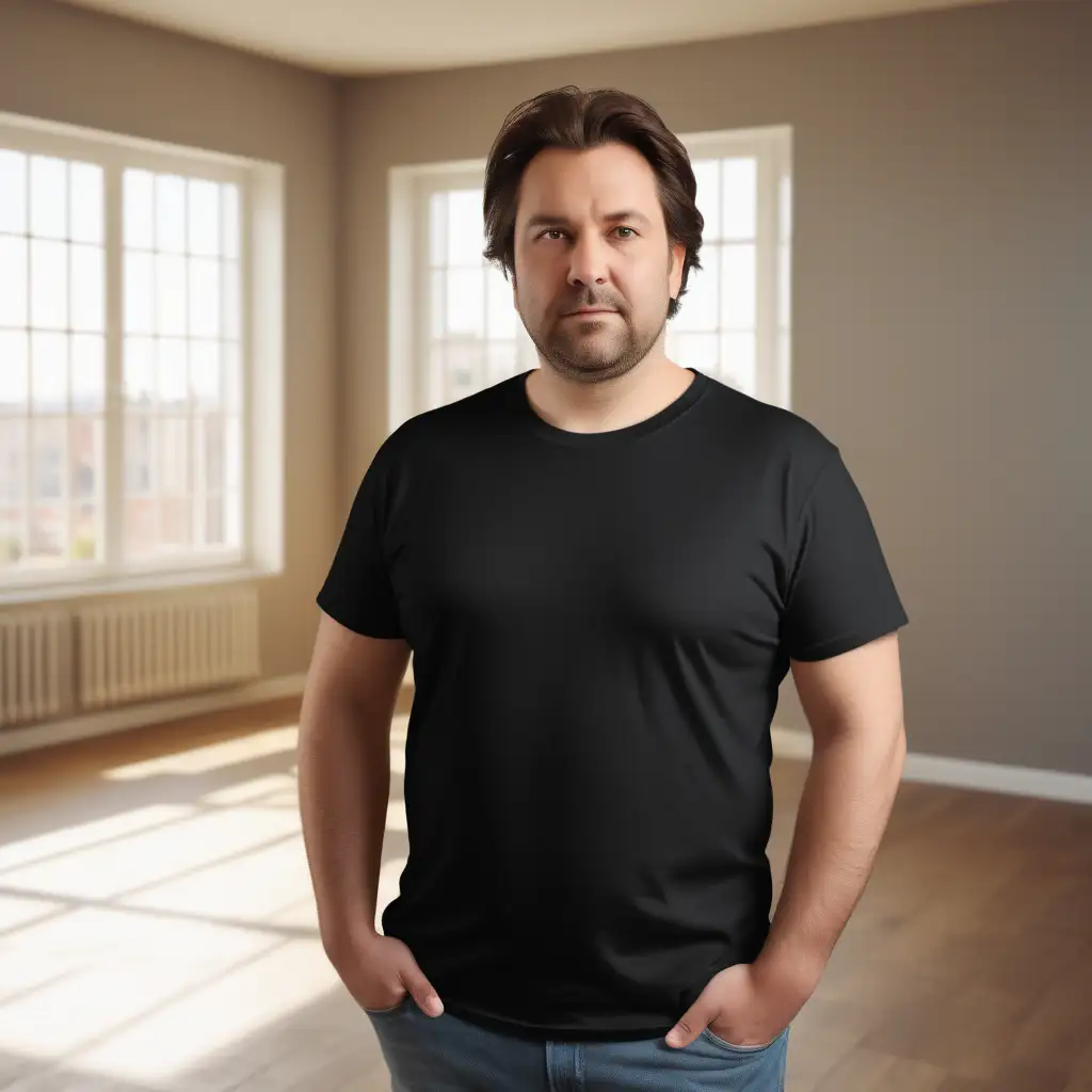 PLAIN black T-SHIRT, bella 3000 mock-up photo 40 year old man, hair brown chubby, 
IN THE BACKGROUND a sunny room
