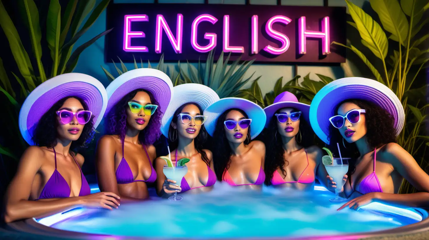 mixed race sexy Female Super Models inside a bubbling light blue jacuzzi, wearing neon mixed purple colour hats, glasses and bikini swim wear drinking cocktails whilst a big neon glowing sign in the background saying "ENGLISH CALI GENETICS" and tropical plants around the sign