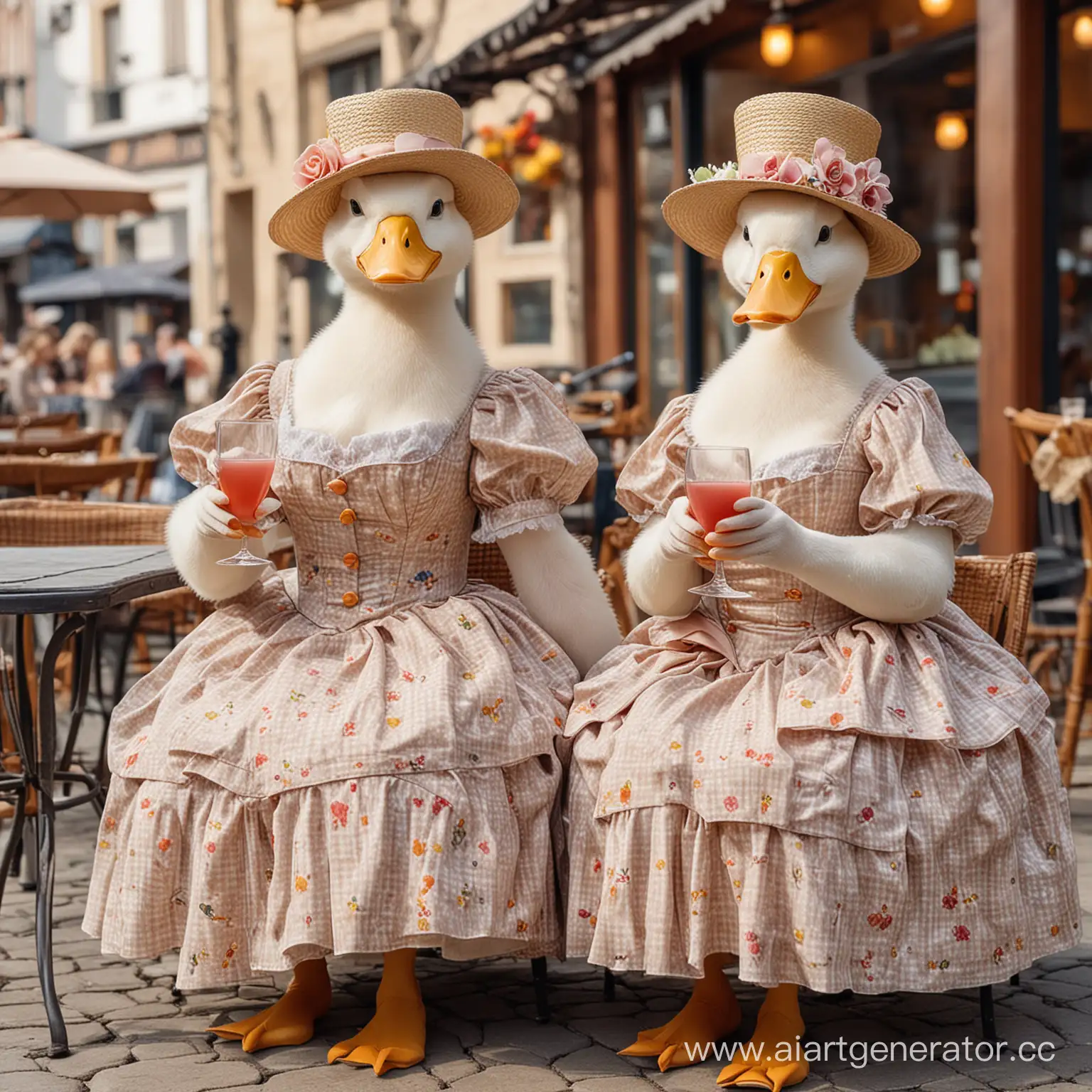 Две утки в человеческих женских платицах, две утки в шляпках и платьях , утки протягивают бокал с  коктейлем, сидят на фоне ресторана, нежные весенние