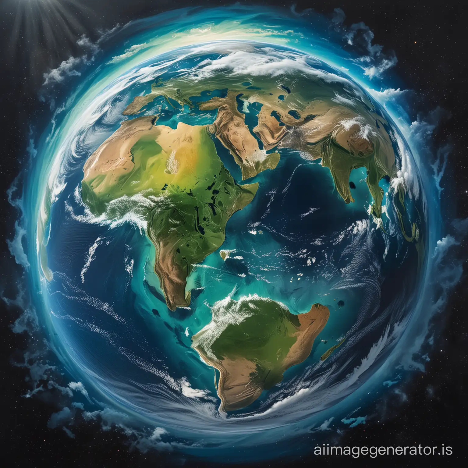 Request a vibrant and colorful depiction of Earth from space, emphasizing its blue oceans, green continents especially africa, and swirling clouds.
