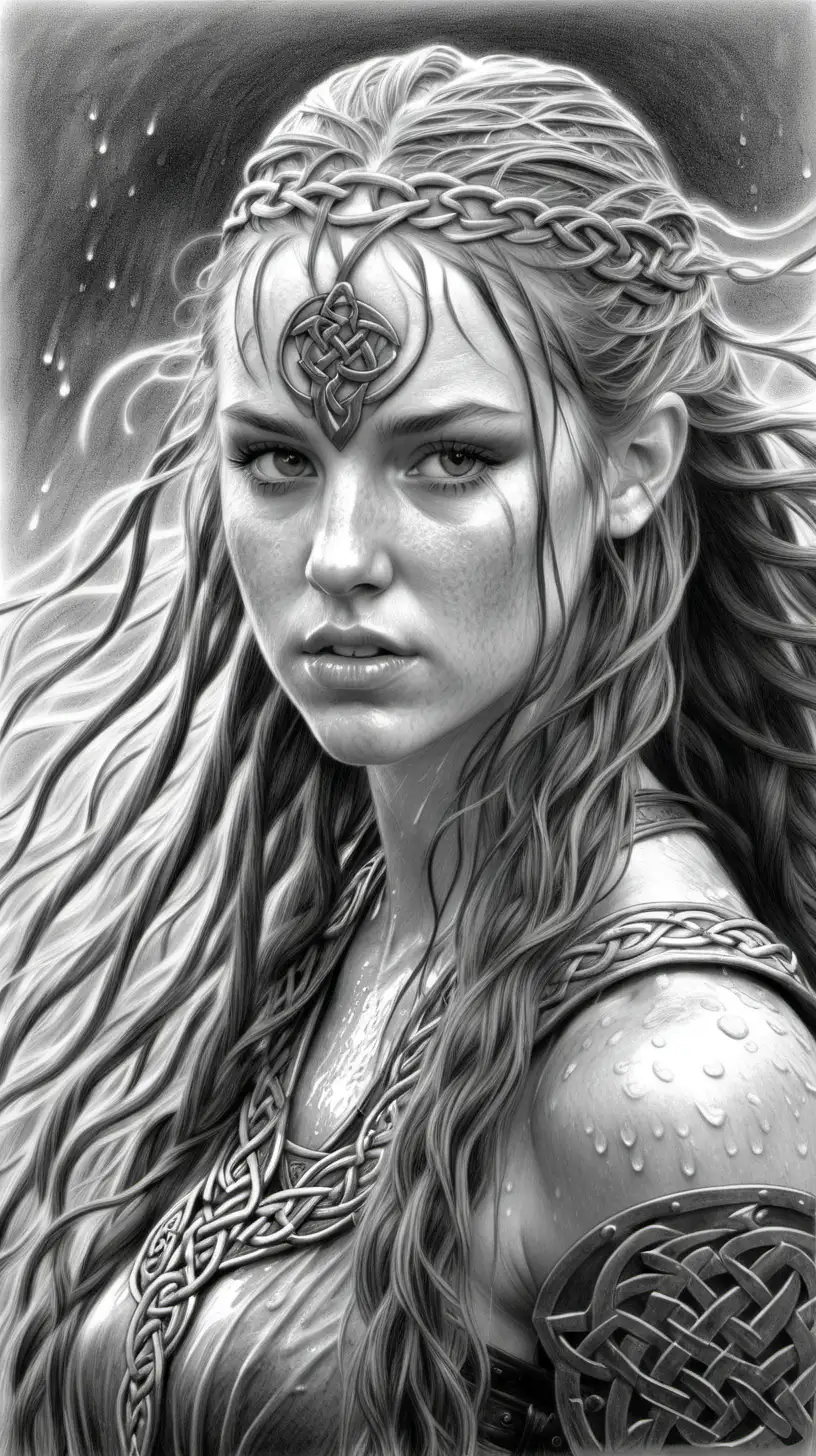 Pencil drawing, celtic girl, long hair, warrior, wet,  petite 