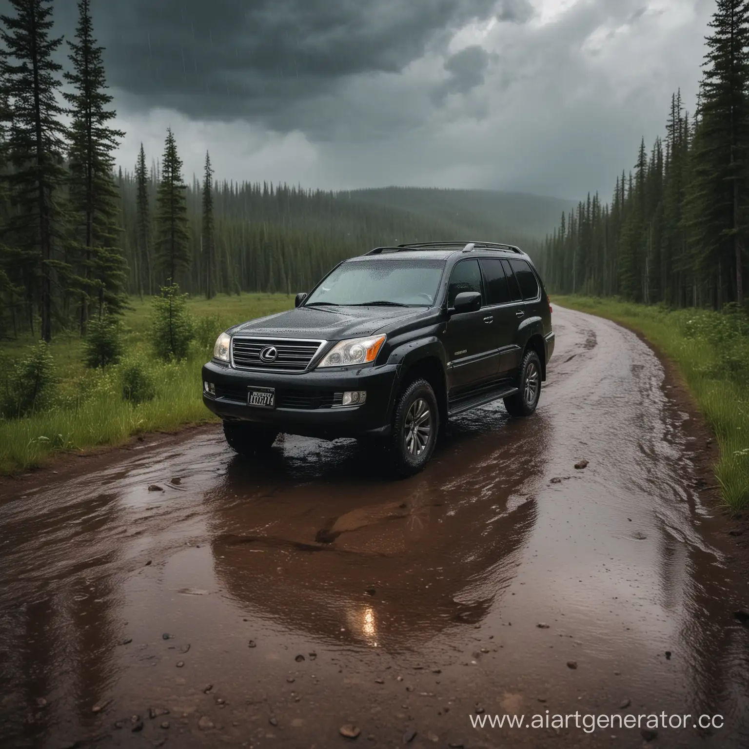 Lexus-GX-470-Driving-Through-Mountain-Taiga-in-Heavy-Downpour-with-Dark-Clouds