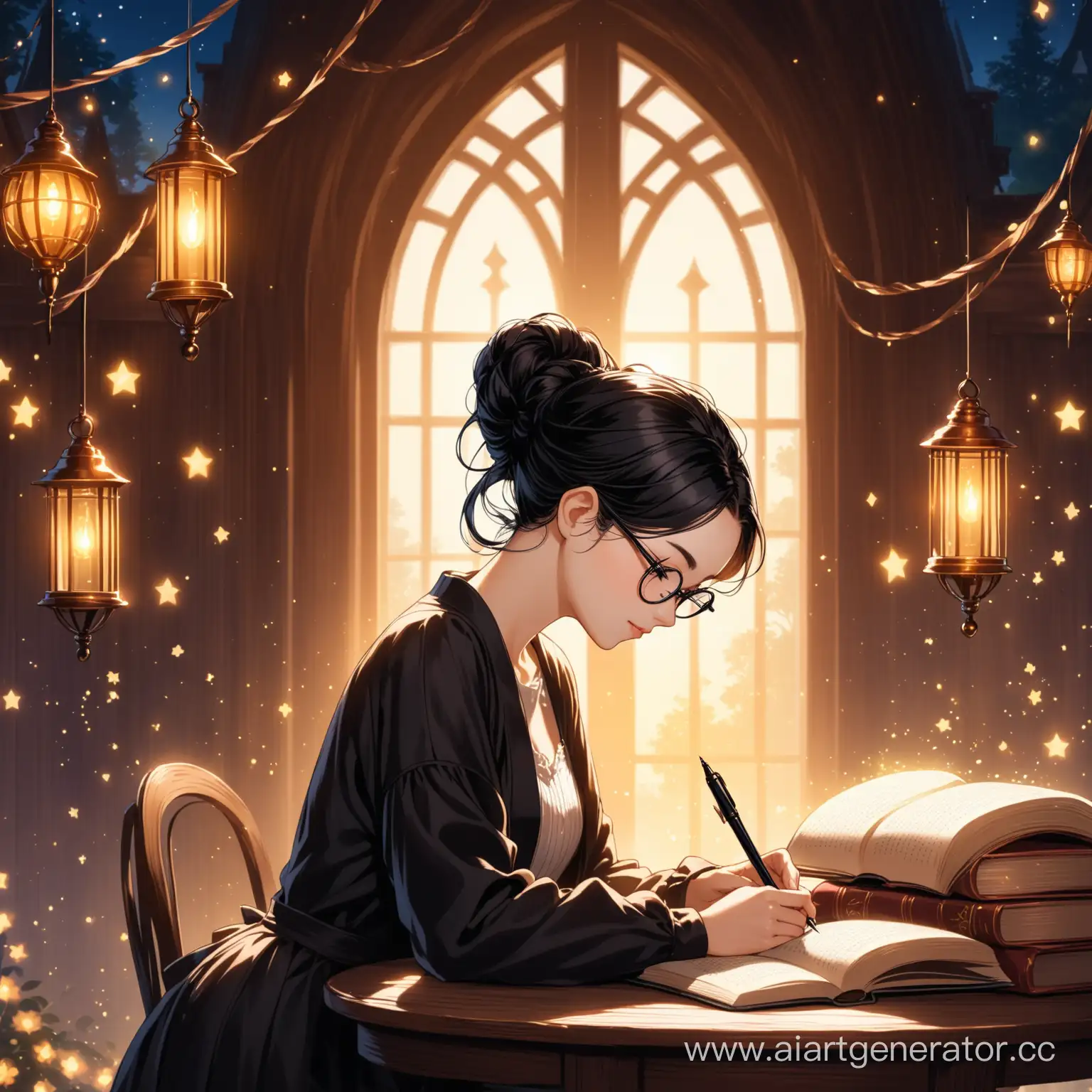 Девушка с чёрными до плеч волосами в круглых очках в красивой одежде в магической обстановке пишет книгу пером. Вид сбоку