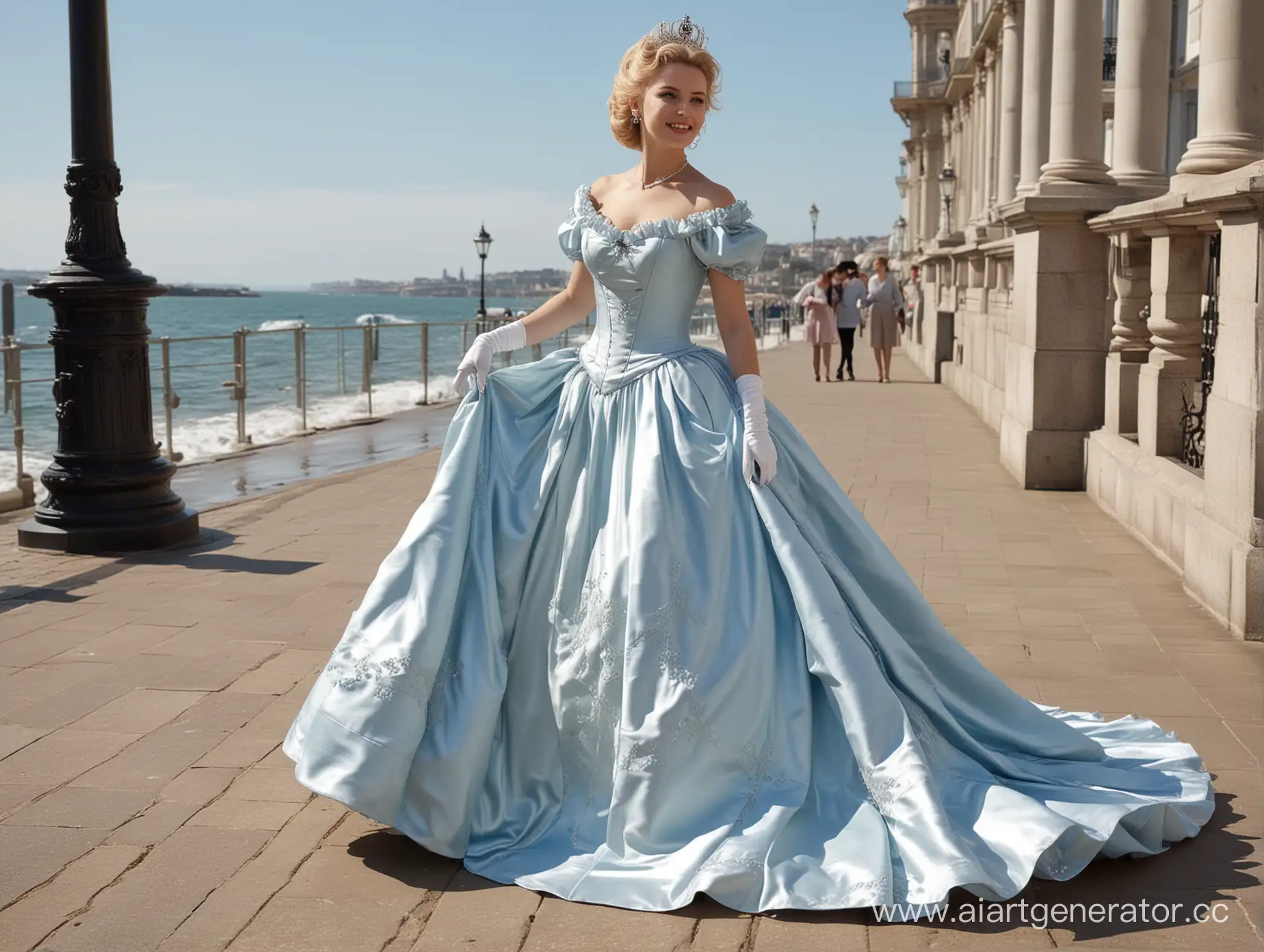 Elegant-Queen-in-Satin-Blue-Dress-by-the-Seaside
