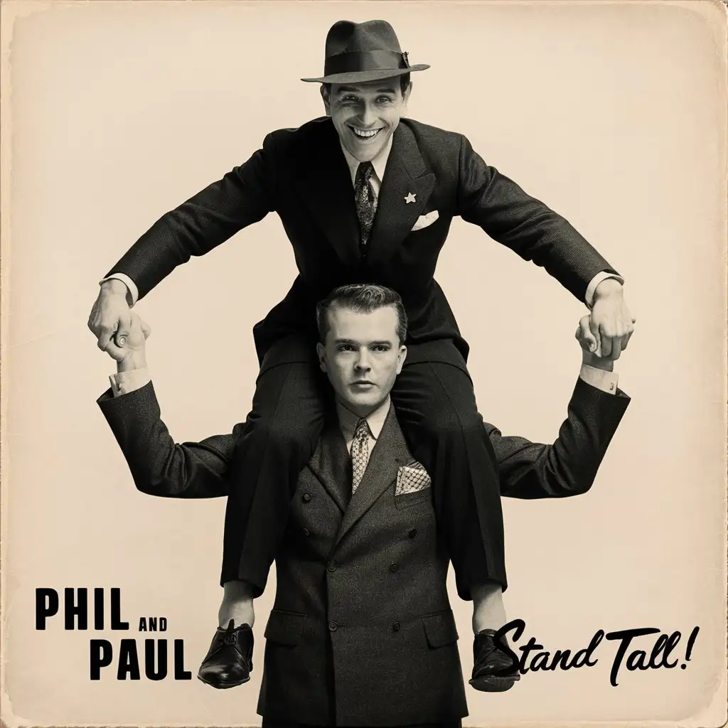 vintage album cover from the 1950s, man standing on man's shoulders, words "Phil and Paul" and "STAND TALL!" at bottom