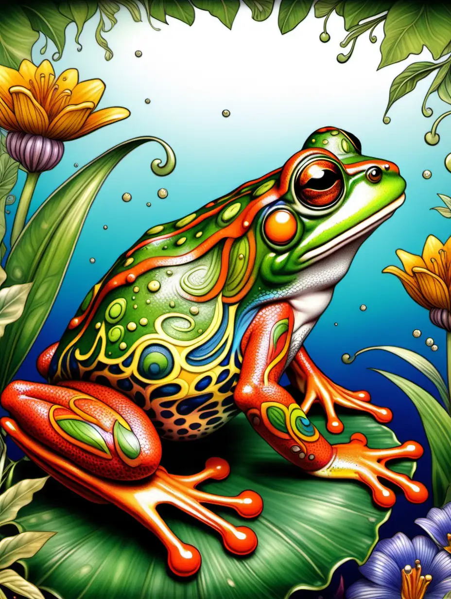 vivid color, adult coloring book,  intricate, fantasy, profile, frog, high detail, no shading, 