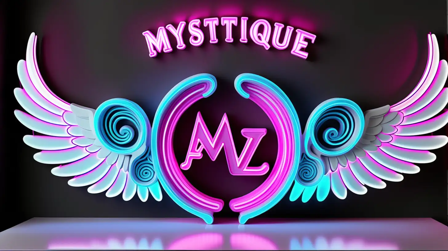 luxury neon logo sign. large and bulky. "MYSTIQUE MILLZ". very intricately and microscopically detailed. the color scheme is magenta, light white, chromatic, baby blue. Angel wings in the background.