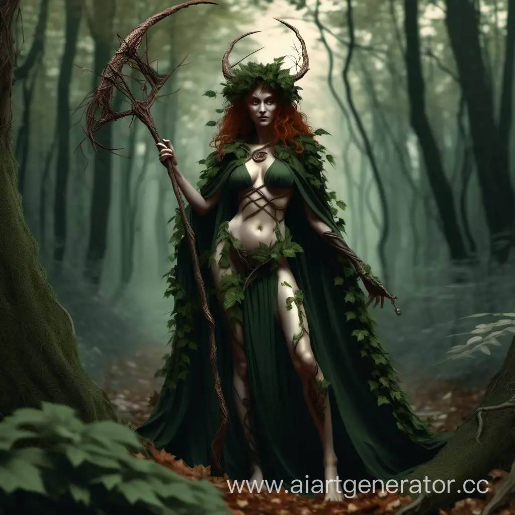 Женщина друид, покрыта в интимных местах листьями. Она держит на правом руке посох коса. стоит возле дремучего леса. Возле себя она призывает корни шупальцы