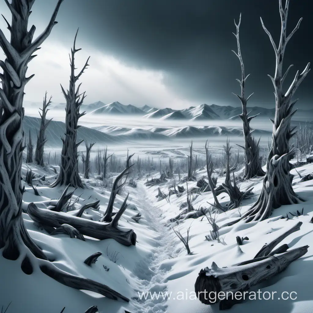 Заснеженные мертвые земли, метель, вдали горы, замерзшие стволы деревьев в стиле ужас