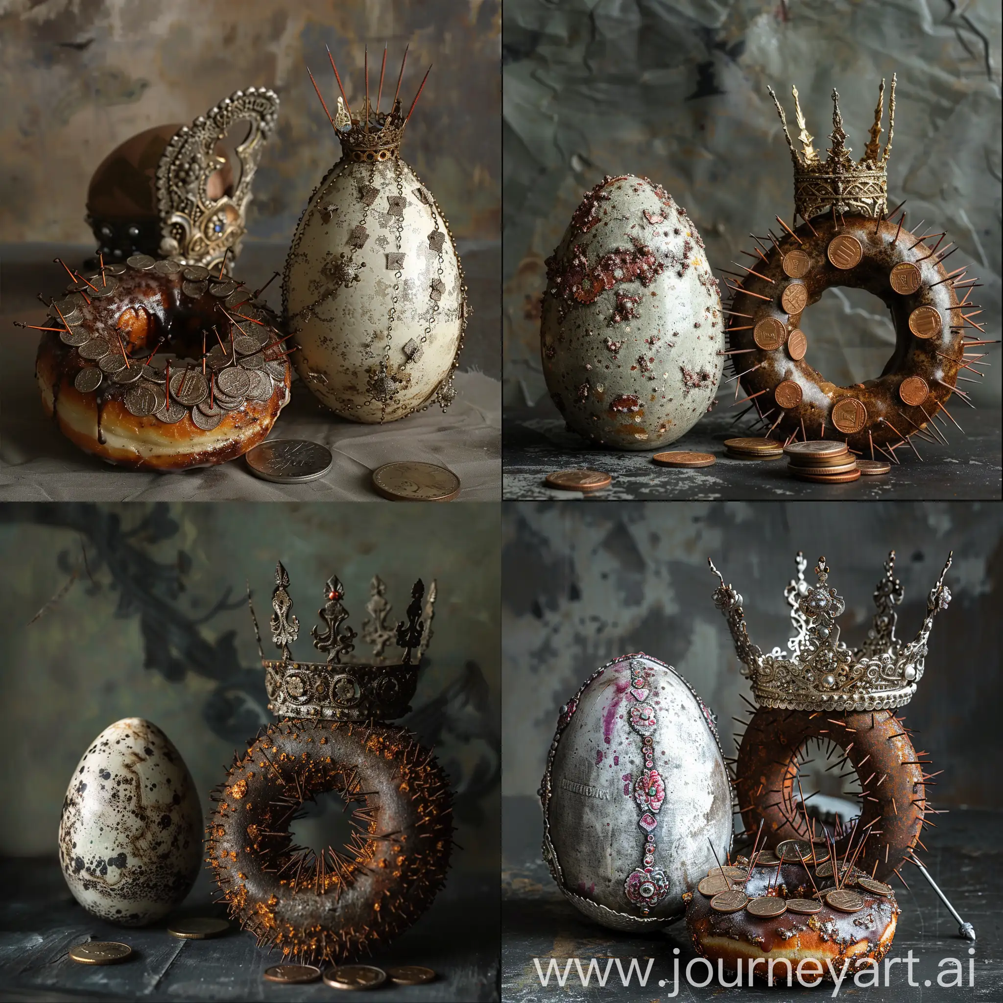 Dark-Fantasy-Scene-Rusty-Coin-and-Needle-Donut-with-Slavic-Egg-and-Crown