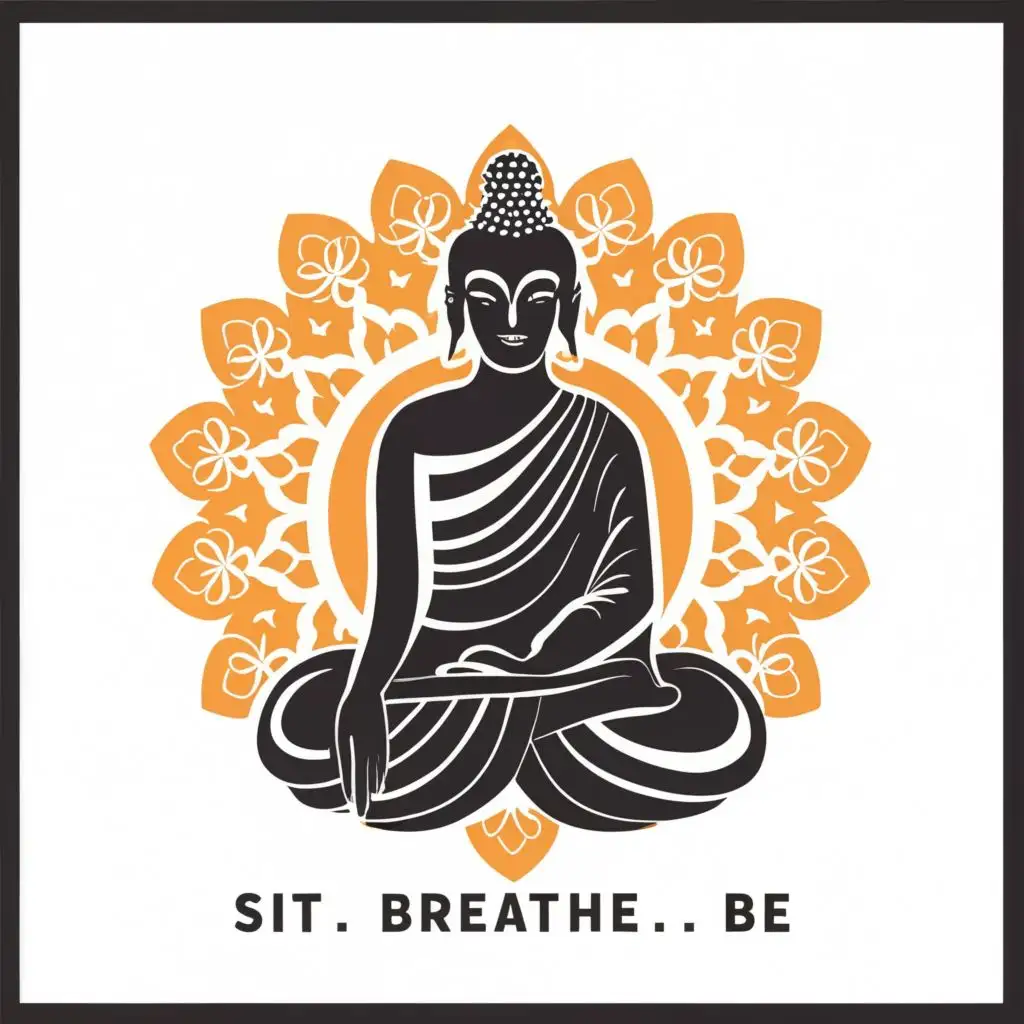 logo, Buddha and temple, with the text "Varun: Sit. Breathe. Be", typography, be used in Religious industry