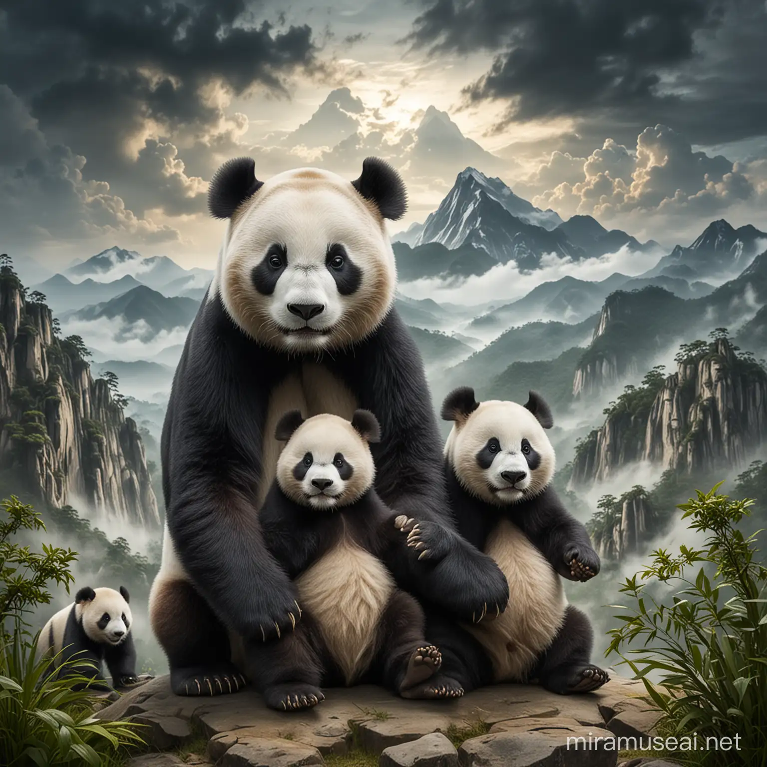 Mystic Panda Family Amid Mountain Clouds