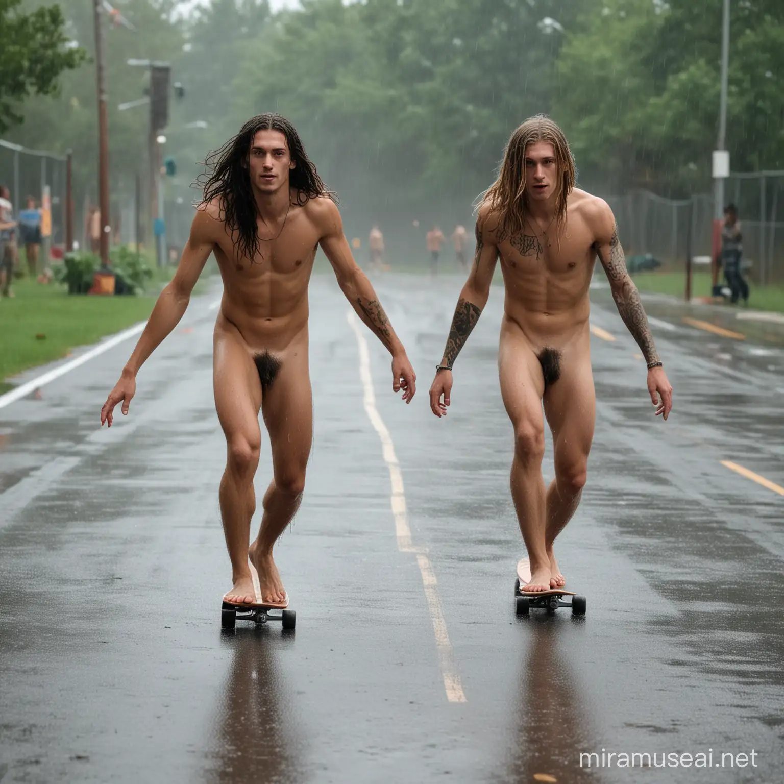 Em pista de skate, dois jovens nus, cabelos longos, tatuados, e descalços manobram seus skate. Agachados, braços abertos. Cena de ação. Corpos molhados. Chovendo.