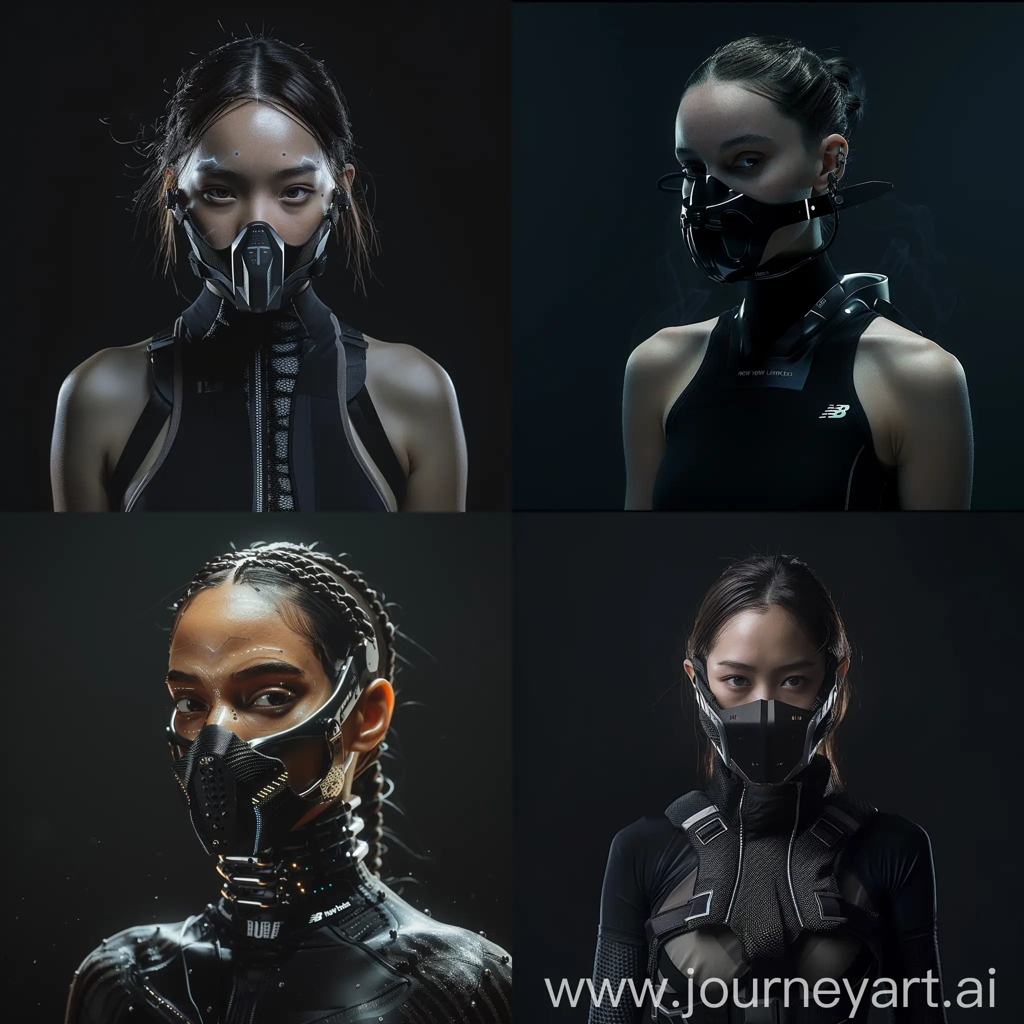 Against a sleek black backdrop, behold a captivating character adorned with a cybernetic mouth-covering mask. This fusion of man and machine seamlessly integrates cutting-edge technology with intricate details, boasting carbon fiber textures, sleek aluminum accents. Symbolizing the delicate equilibrium between humanity and technology, her appearance embodies the essence of a futuristic cyberpunk aesthetic, enriched with New Balance-inspired features. With dynamic movements reminiscent of action-packed film sequences, accompanied by cinematic haze and electric energy, she exudes an irresistible allure that harmoniously balances the beauty of the human form with the power of cybernetic enhancement.