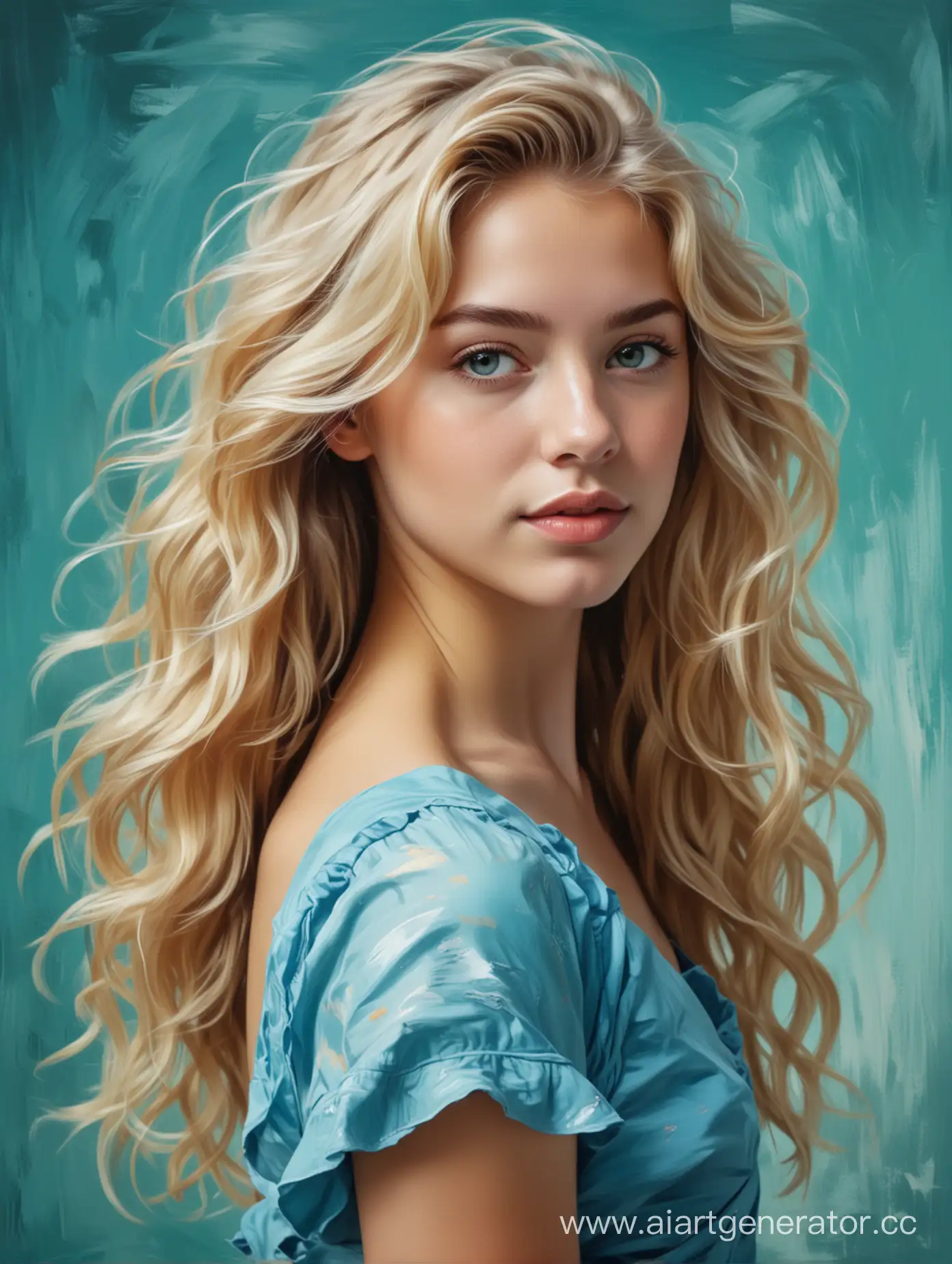 Portrait of a girl with blonde wavy hair in a blue dress background brushstrokes turquoise