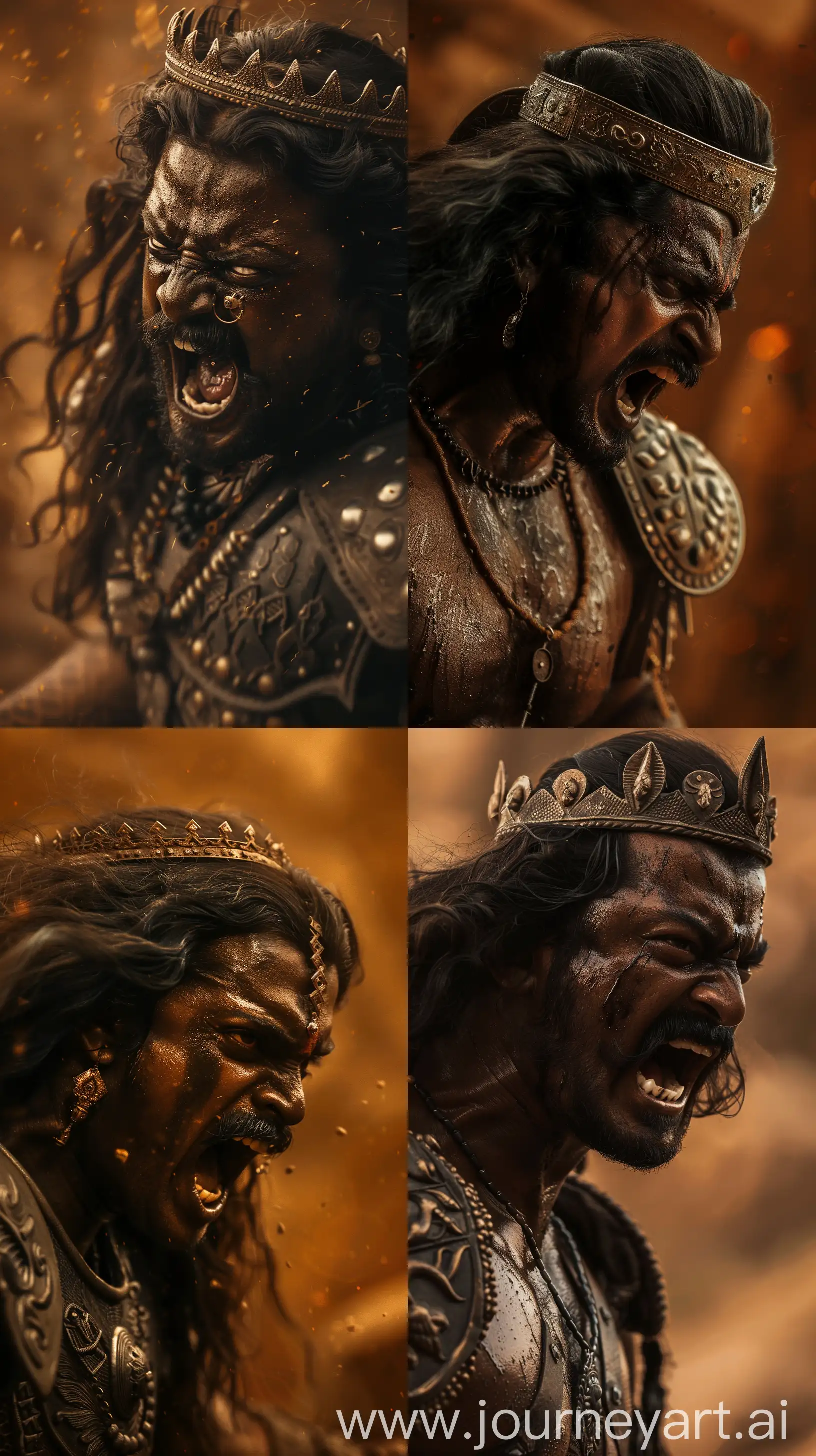 Images depicting an Indian warrior in black complexion, in his thirties, long haired, crowned, fierce look on his face, has moustache but no beard, standing, wearing armor, yelling, close-up image, dim cinematic ambient lighting, brown toned images, intricate details, 8k quality --ar 9:16