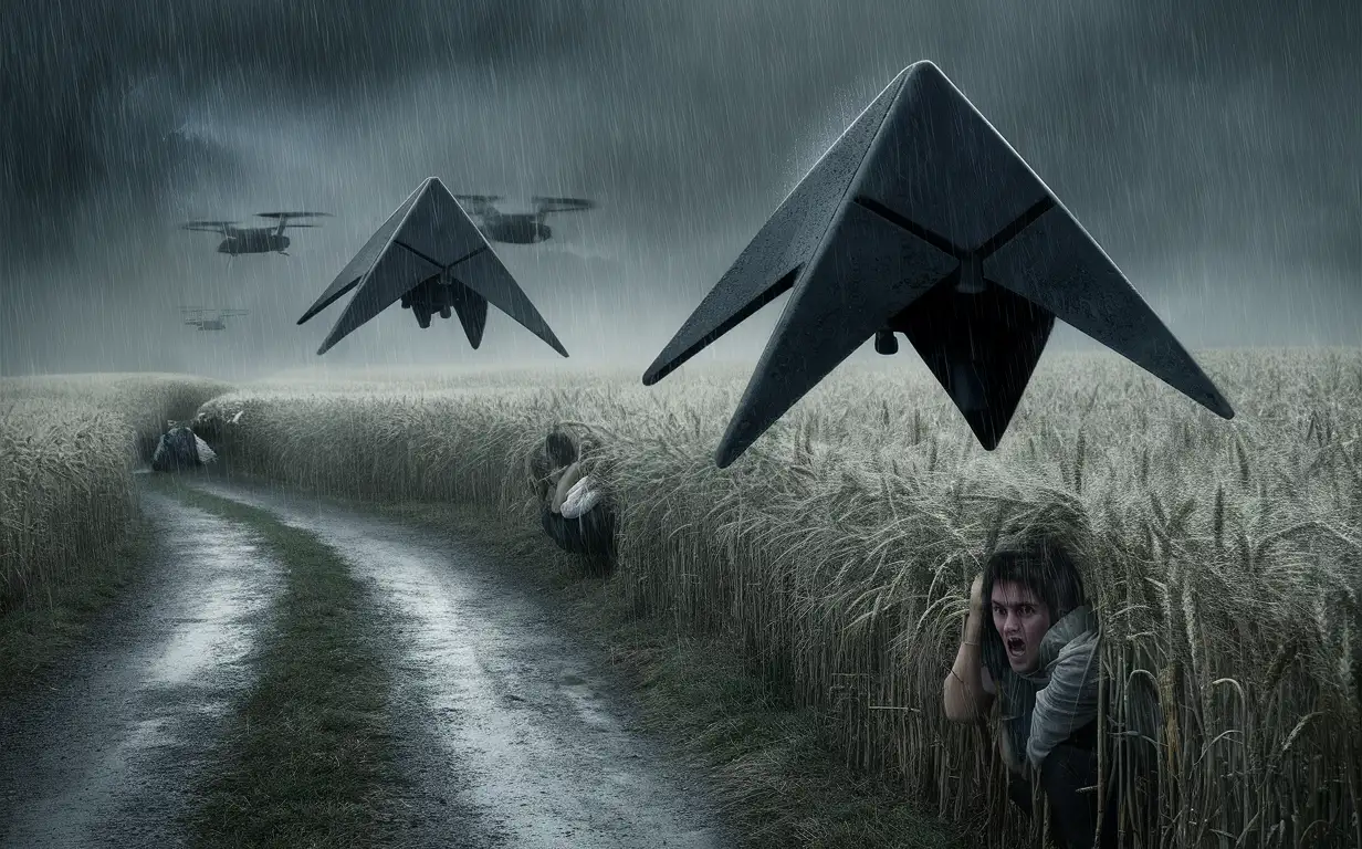 Rainy-Day-Escape-People-Hiding-in-Wheat-Field-from-Black-Pyramid-Drones