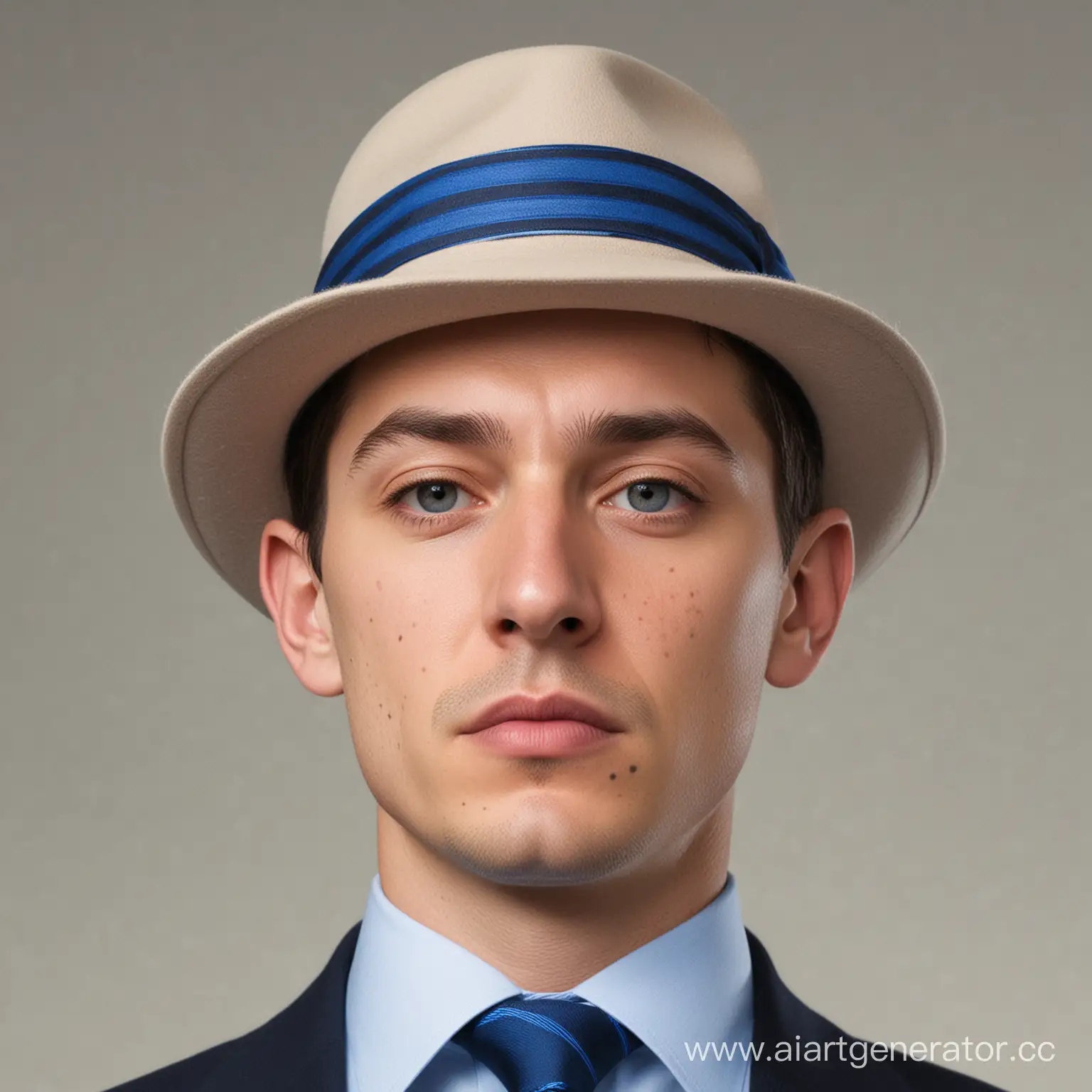 человек в шляпе на которой голубая линия и голубой галстук