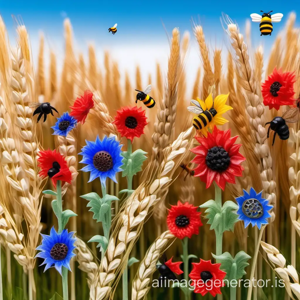 Miniature-Flowers-in-Wheat-Field-with-Bees-and-Blue-Sky-Background