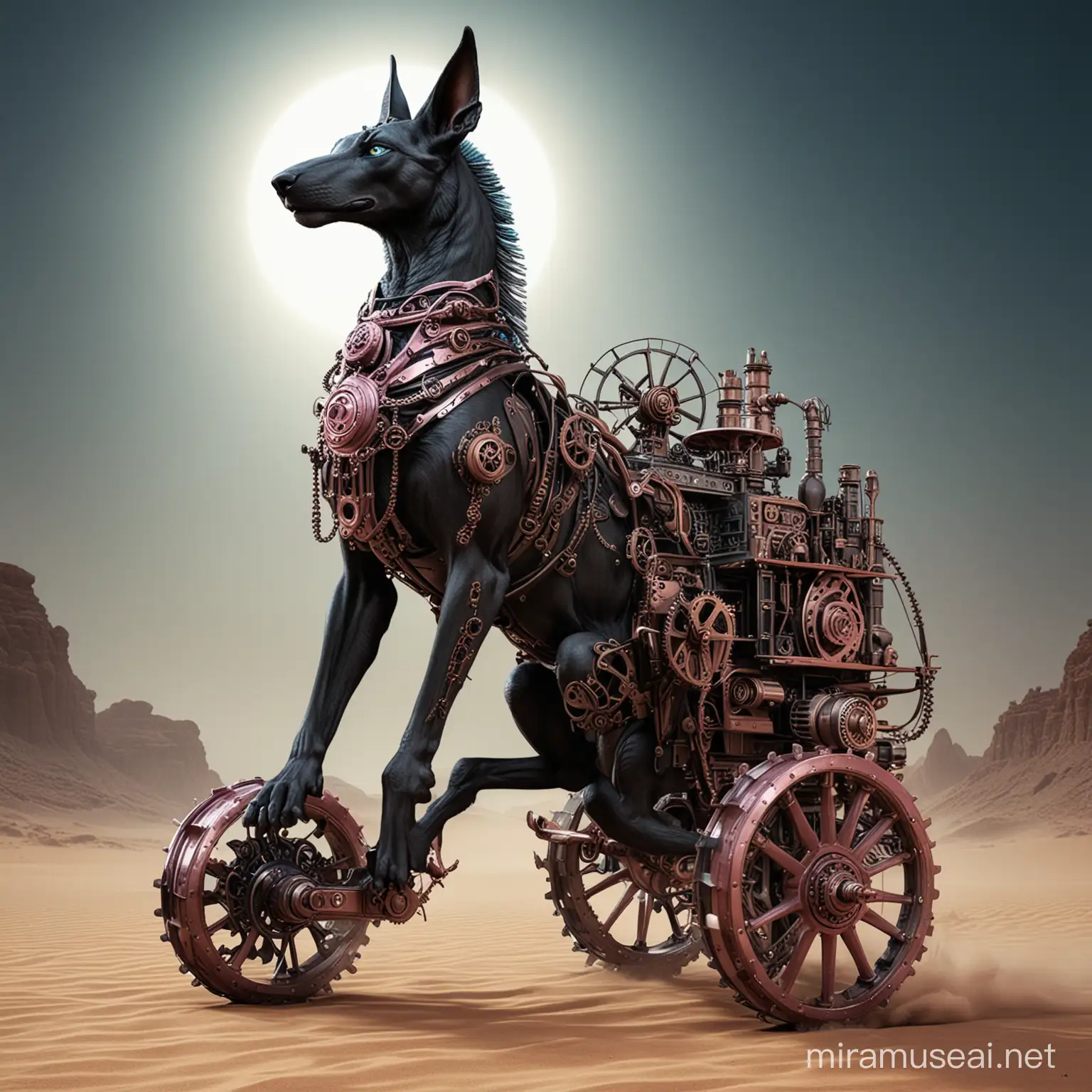 Anubis riding a clockwork(steam punk) chariot
appreance- noir black blue pink silver / full body/ bipedeal-Jackel/egpytian-rune lines/ gears-springs-cogs/sleek
background- racing /noir/night/ sand/desert/pryamid