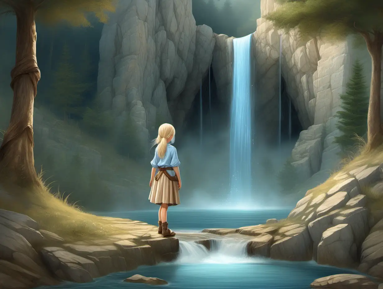 rock promontory, small waterfall, pine trees, little blonde girl with light blue shirt, beige skirt, light blue shoes, Medieval fantasy painting