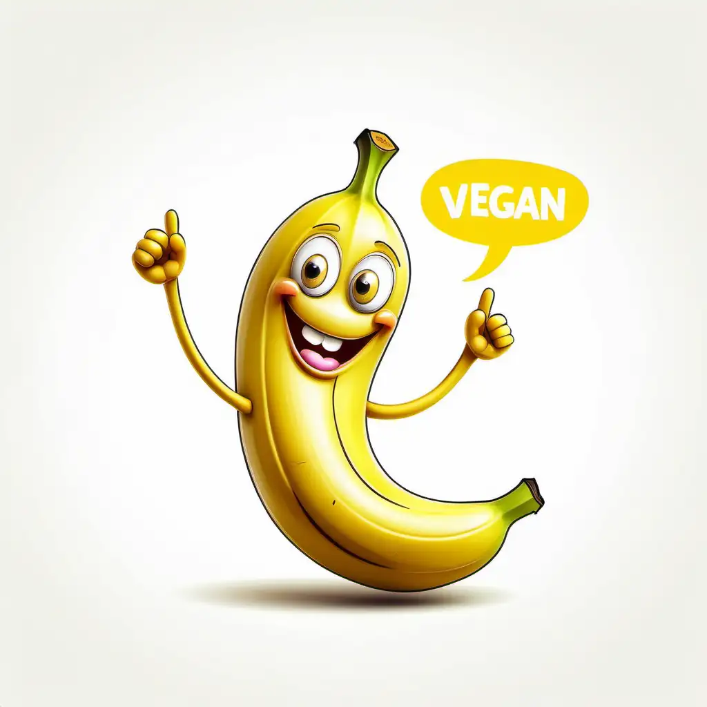 kids cartoon drawing of a banana with big happy smile with yellow word VEGAN, white background