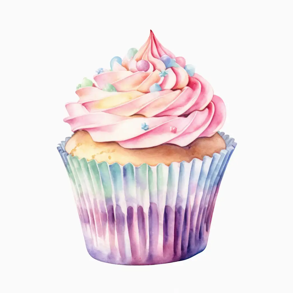 Watercolor styled, single pastel colored cupcake with no background
