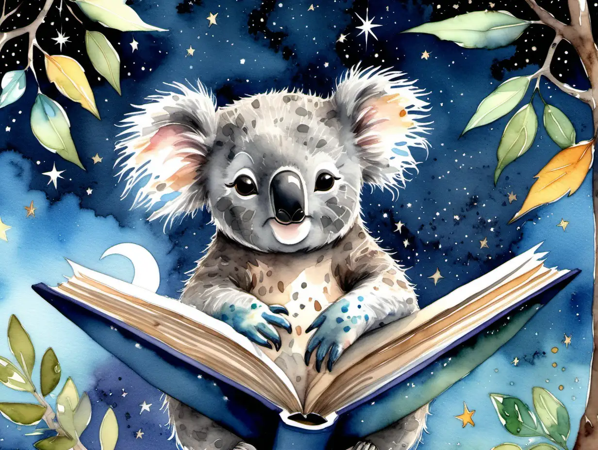 illustrated watercolor childens book. Whiimsical, beautiful. Should show a koala named kipper who is cute and cuddly. He should be asleep, hugging in a gum tree at night time. Magical, whimsical night sky