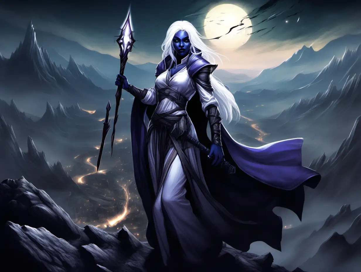 Nocturnal WhiteHaired Drow Cleric with Broken Weapon on Moonlit Hills