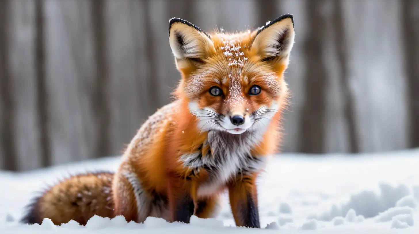 Générer une photo d'un adorable bébé renard roux assis dans la neige, fixant intensément l'objectif de la caméra avec ses yeux curieux. Assurez-vous que la neige est fraîche et légèrement tombée autour de lui, créant un cadre hivernal doux et paisible