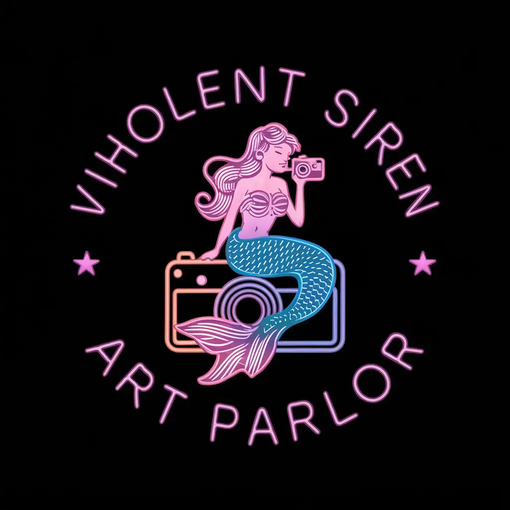 logo, mermaid sitting on a camera, rainbow neon, with the text "Viholent Siren Art Parlor", typography