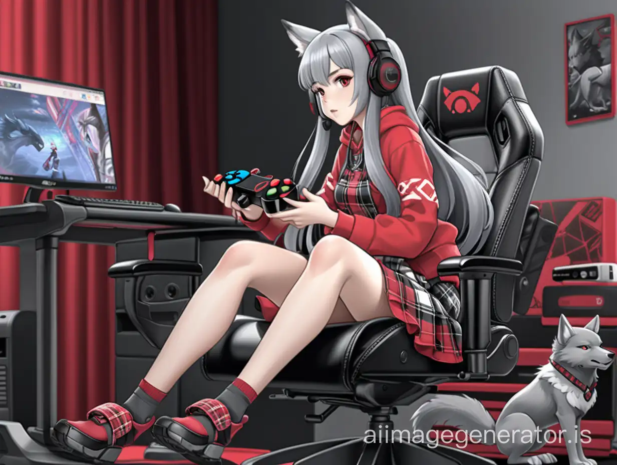 anime girl wolf VYuber character model in full growth in red, white, and black tones, gray hair, black-gray ears, in a plaid skirt to the knees in red and black tones, a wolf tail of gray color art holding a gamepad with both hands playing a computer game in her room sitting on a gaming chair