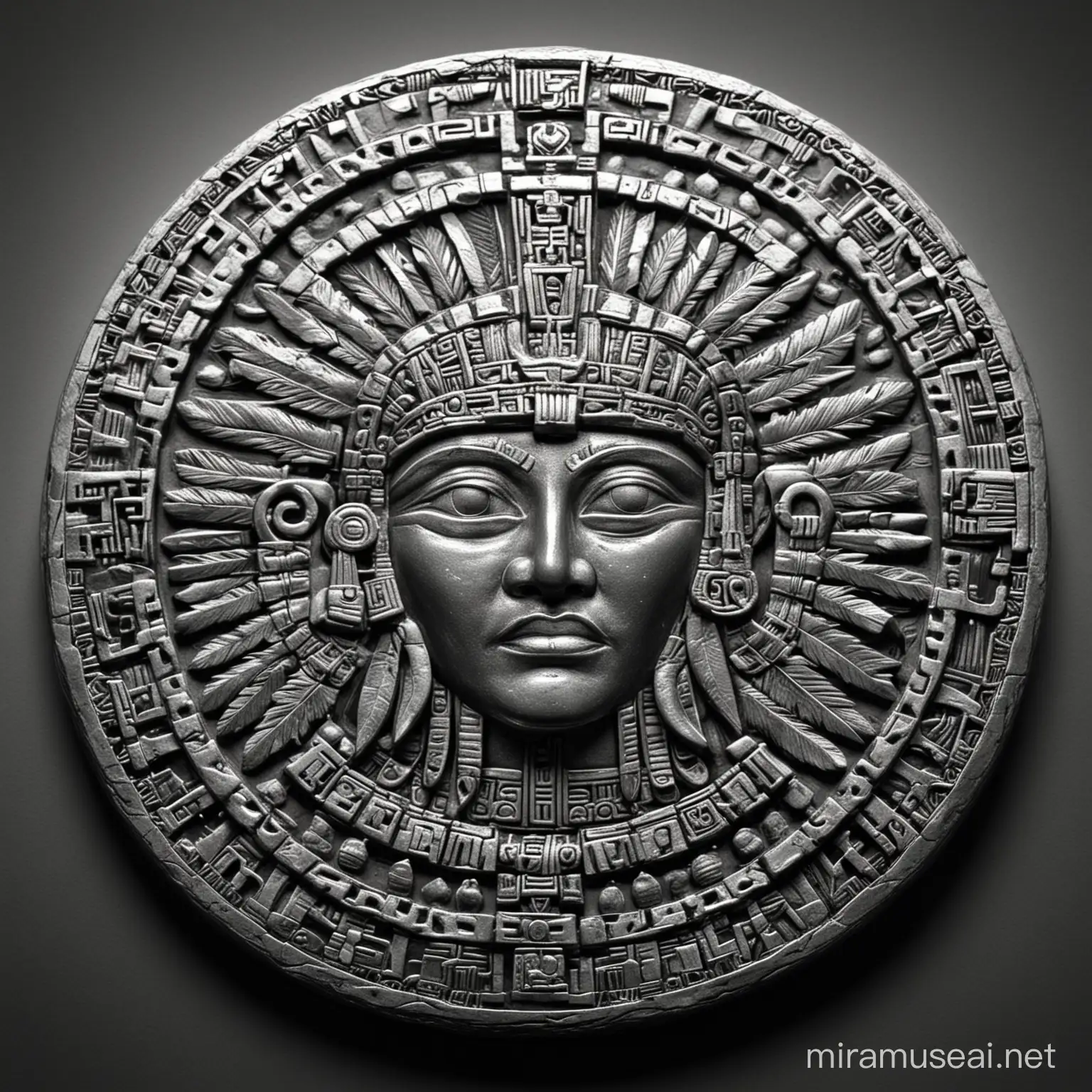 Silver coin with Aztec motif in high relief in black and white. 