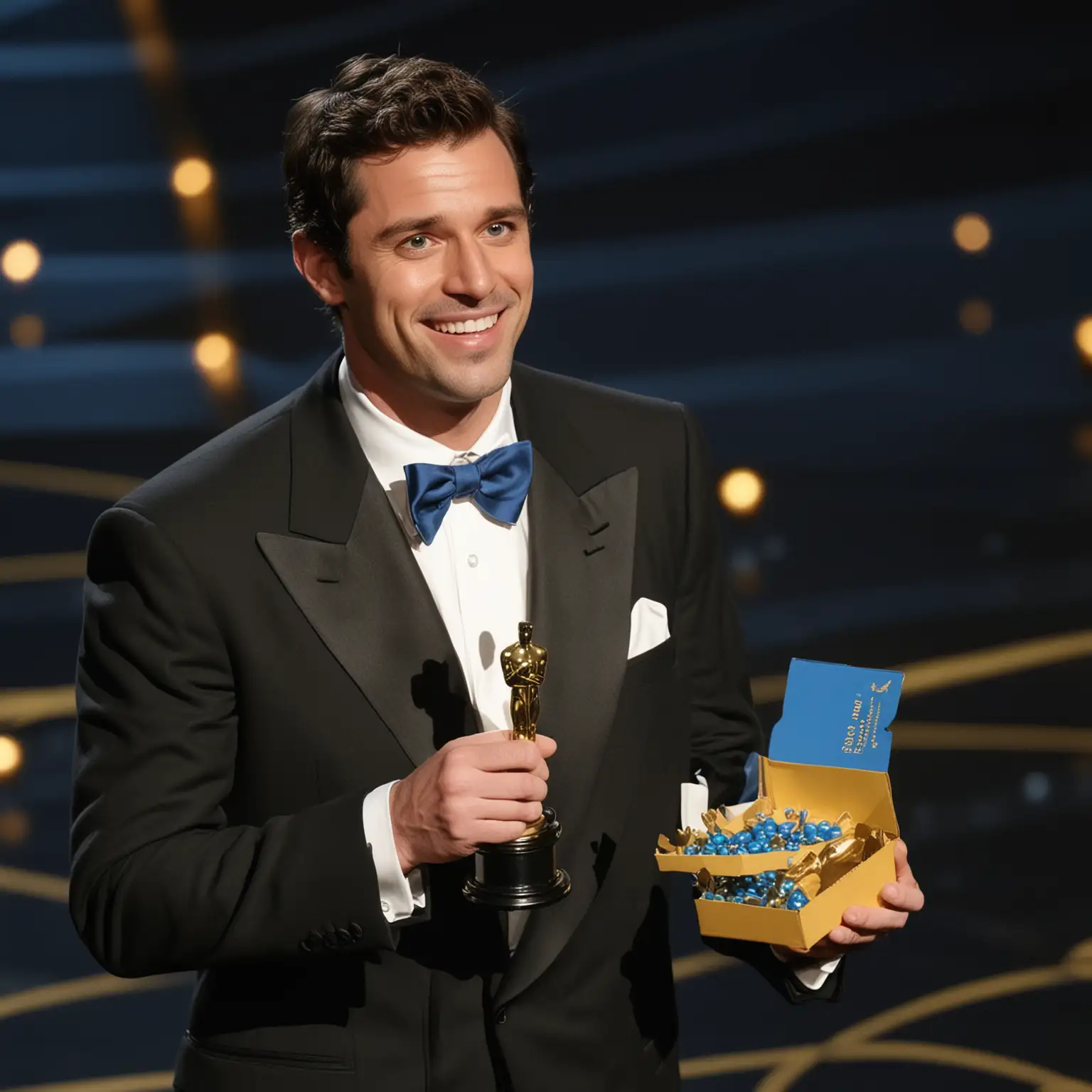 The humorous scene is depicted by a man standing on stage during the humorous Oscar ceremony.  He holds an Oscar statuette in one hand and a box of small blue pills in the other.  His facial expression suggests a mixture of surprise and pride, indicating that this may be an extremely strange category to conquer.  Solemn  atmosphere.