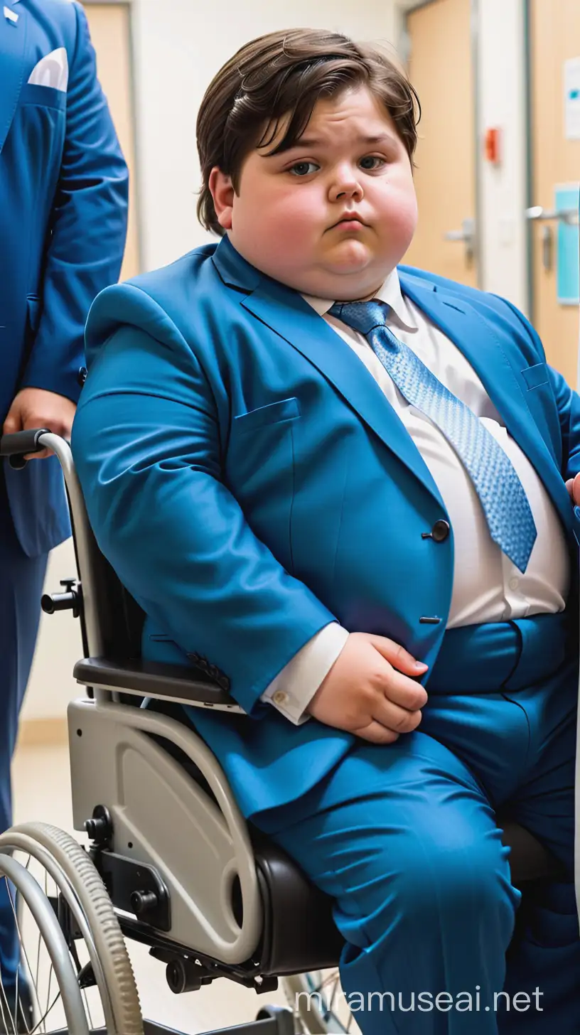 Очень толстый жирный мальчик с темными зачесаными волосами средней длины в синем деловом дорогом костюме сидит в инвалидном кресле в больнице и глаза у него перекосило