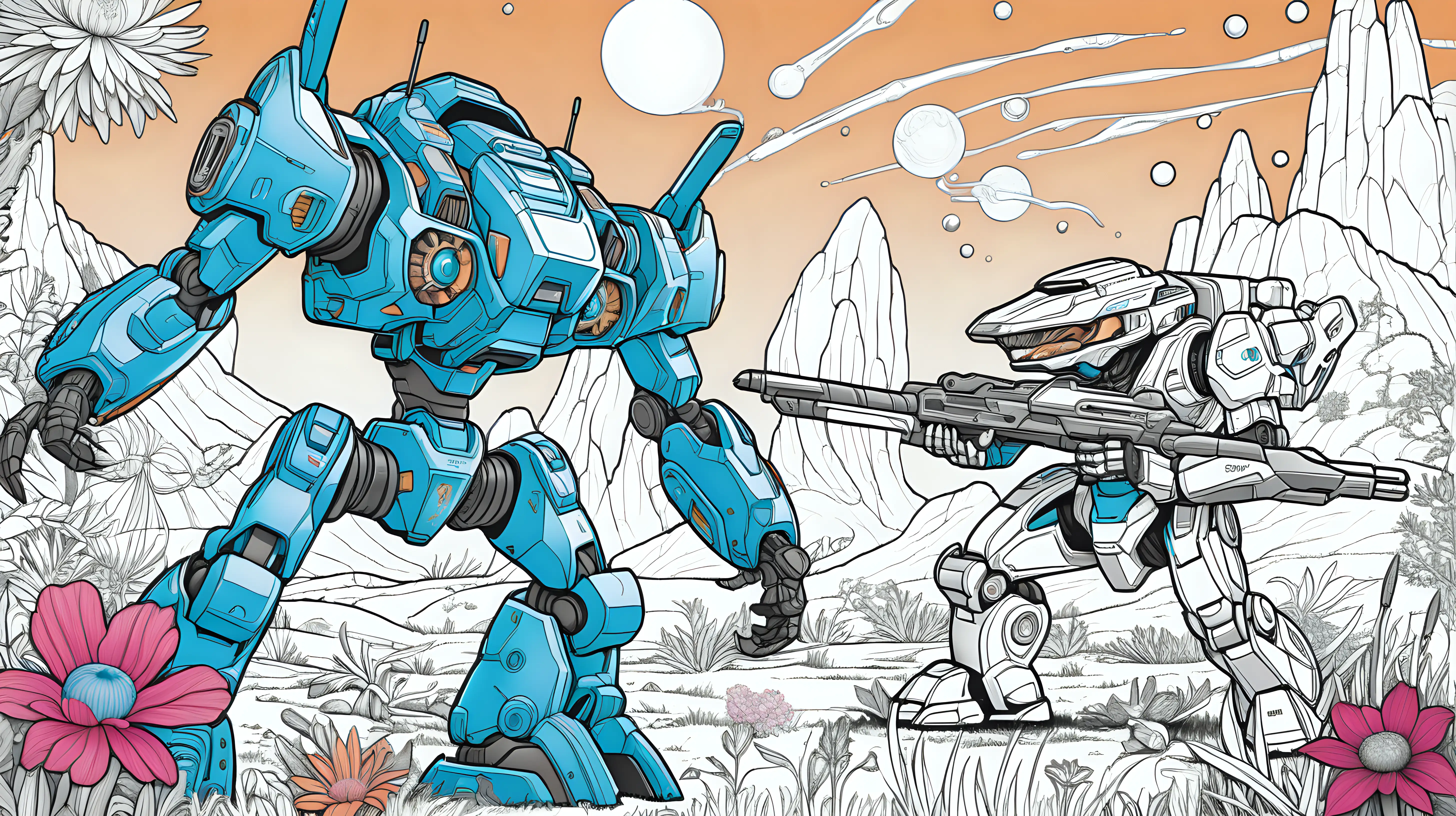 Epic Mechs Battle in Vibrant Alien Landscape Coloring Book Style Cover Art