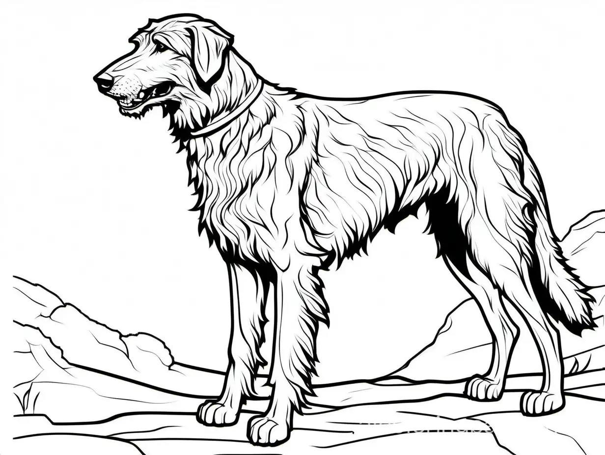 Wolfhound, Coloring Page, black and white, line art, white background, Simplicity, Ample White Space. The background of the coloring page is plain white to make it easy for young children to color within the lines. The outlines of all the subjects are easy to distinguish, making it simple for kids to color without too much difficulty